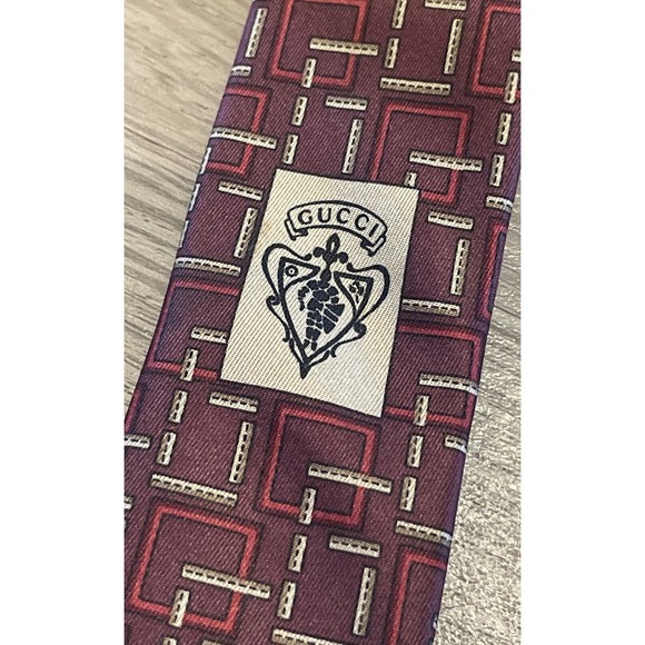 Gucci Mens Silk Tie Maroon Gold Made In Italy - Picture 9 of 9